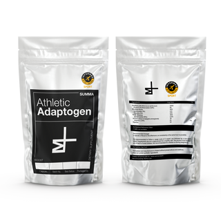 Front and back view of the 'Boost' pouch from the Athletic Adaptogen product line. The front side prominently displays the 'Boost' label, along with the Summa Labs logo and the 'Informed Sport Certified' logo for quality assurance. On the back side, the pouch features a list of ingredients, including Eleuthero (Eleutheroccus Senticosus) (1000mg), Rhodiola Rosea (400mg), Panax Ginseng (400mg), Acerola Extract (Vitamin C) (20mg), and Piperine (10mg). The capsule is made of HPMC material.