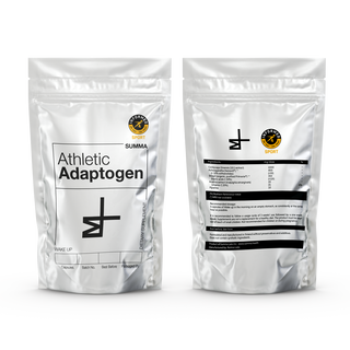 Front and back view of the 'Wake Up' pouch from the Athletic Adaptogen product line. The front side prominently displays the 'Wake Up' label, along with the Summa Labs logo and the 'Informed Sport Certified' logo for quality assurance. On the back side, the pouch features a list of ingredients, including Cordyceps Sinensis extract (1000mg), Ashwagandha (Sensoril®) (400mg), Shilajit (organic, purified Primavie®) (350mg), Acerola Extract (Vitamin C) (20mg), and Piperine (10mg).